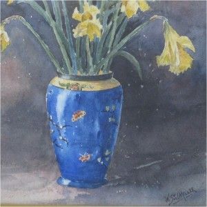Antique American Watercolour Daffodils w s J Miller