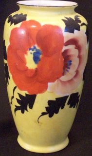 Vintage Painted Yellow Vase with Red Poppy Design