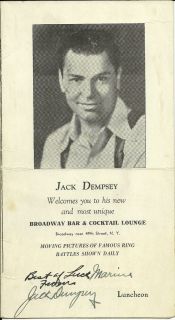 Jack Dempsey Signed Menu from Jack Dempsey Restaurant New York City