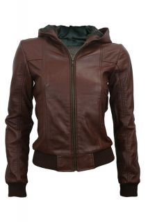 Light Brown Womens Leather Hooded Hood Bomber Jacket