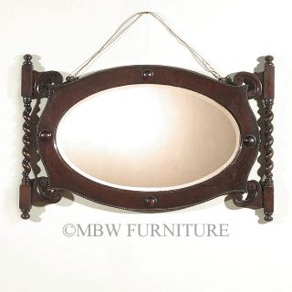 Antique English Oak Jacobean Oval Framed Wall Hanging Mirror c1920’s