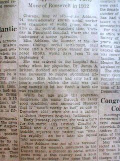 1935 Newspaper Jane Addams Dead Liberal 1st Female Receive Nobel Peace