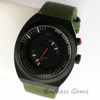 Diesel Analog Red LED Military Green Mens Watch DZ1412 Canvas Band in
