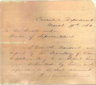 Jefferson Davis Manuscript Letter Signed 03 19 1862