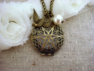 Handmade Brass Mockingjay Bird Filigree Love Locket Necklace with