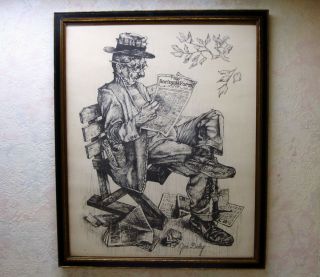 Vintage Artist Jim Daly Print Man Reading Daily Racing Forum Charcoal