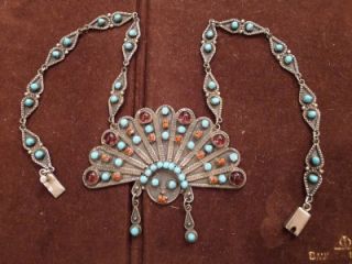 Vintage Sterling Mexico Headdress Large Necklace Turquoise Amethyst