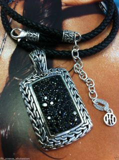 john hardy carved chain silver blk sapphire lava big dog tag pendant on blk cord  