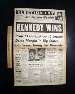 Great John F Kennedy Presidential Election JFK Wins 1960 Extra Calif Newspaper  