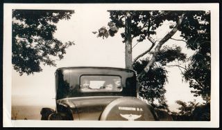 Antique Automobile Coupe Girls Peek Out Back Window Outstanding Roadside Photo  