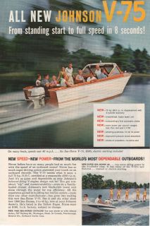 1960 Johnson Outboard Motor V 75 on Wooden Boat Ad  