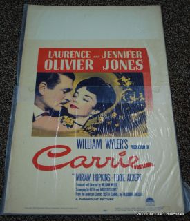 1952 Carrie 14 x 22 Window Card Laurence Olivier Jennifer Jones  