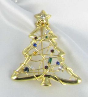 New Gold Tone Rhinestone Xmas Tree Pin Christmas Brooch Costume Jewelry Wired  