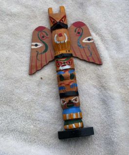 Antique Carved Totem Pole with Wings Alaska Natural Wood Painted Designs  