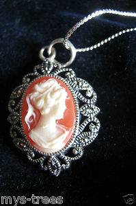 Judith Jack Sterling Silver Marcasite Cameo Pendant Necklace Lady New Old Stock  