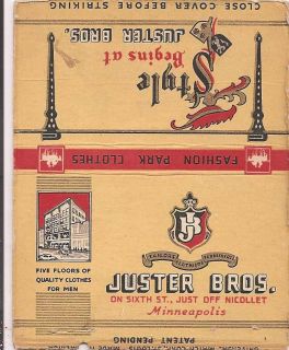 Old Minneapolis Matchbook cvr Juster Bros Mens Clothes Just Off