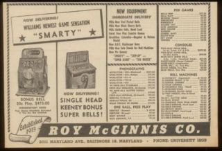 1946 Williams Smarty Keeney Super Bells Slot Machine Ad