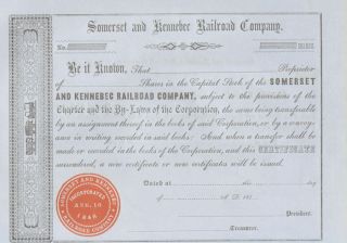 185 Somerset Kennebec Railroad Maine Stock Certificate