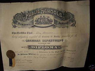 Kewanna Public School 1899 Large Diploma Indiana