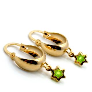 Gold 18K GF Hoop Earrings Baby Girl Kids 10mm Lime Green Star Crystal