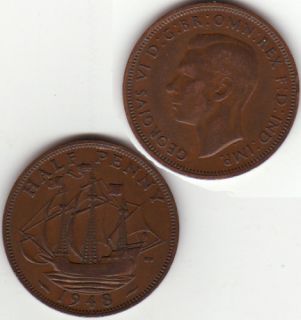 King George VI British Half Penny 1948 British Coins