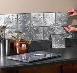 16pcs Silver Tin Backsplash Tiles Self Stick Kitchen Wall RSD Floral