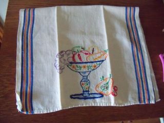 Vintage Two Stripes Kitchen Towel Basket of Fruit Embroidery Vintage
