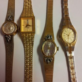 Lot of Four Lovely Ladies Vintage Watches Benrus 21 jewel, Helbros