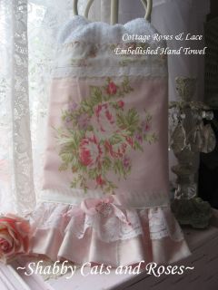 Cottage Roses & Lace~Embellished Hand Towel~Vintage Lace~Rhinestone