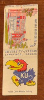 of Kansas KU Jayhawk Jayhawks Matchbook Cover Lawrence KS NR