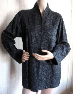 Eileen Fisher Black Tree Bark Textured Tussah Silk One Snap Lined