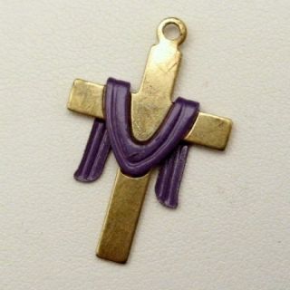 Vintage Religious Cross Charm Pendant Goldtone Purple Lent Sash