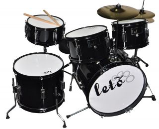 Black Leto Child Size 5 Pieces Complete Junior Drum Set w Stool Free