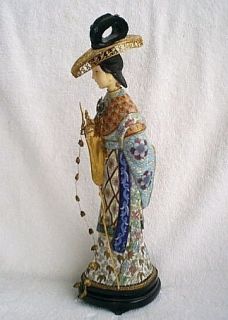 Antique Chinese Cloisonne Enamel Geisha 14 Statue w Carved Ox Bone