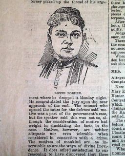 Lizzie Borden not Guilty Hatchet Murder Verdict 1892 Newspaper