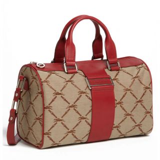 590 Longchamp Jacquard Satchel Canvas Tote Crossbody Bag Red Leather