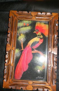 Vintage Mexico Feathercraft Bird with Wood Carved Frame