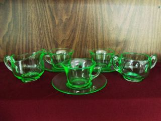 three cambridge green depression glass tea cups saucers with creamer