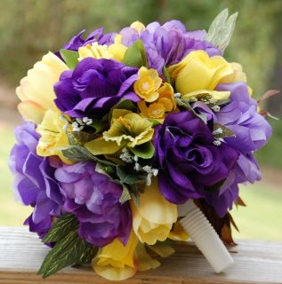 Round Beautiful Silk Bridal Wedding Bouquet Boutonniere Yellow Purple
