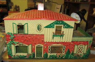 Vintage 1950 T. Cohn Tin Litho Red Colonial Dollhouse Doll House 6