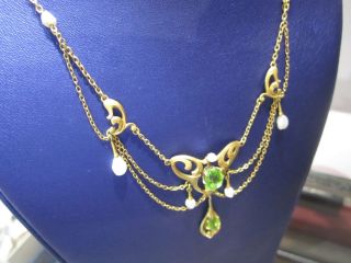 Elegant Antique Art Nouveau 14k Gold Peridot & Sea Pearl Wedding