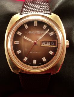 1970s Mathey Tissot 17J Automatic Day Date Gold Plated Mens Watch Push
