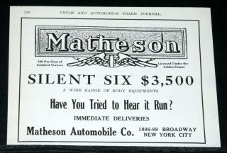 1910 Old Magazine Print Ad Matheson Silent Six Motor Car Try to Hear
