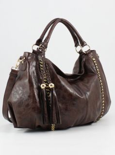 Melie Bianco Slouchy Hobo Handbag Chain Tassels Brown