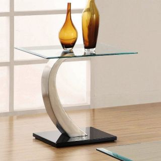 Contemporary Square End Table Glass Top Silver Tone Metal Center Black