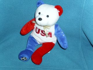 Mia Hamm Olympics USA Soccer Beanbag Plush Bear   Very Nice RED WHITE