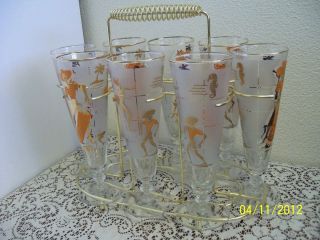 MID CENTURY FROSTED PILSNER BAR GLASSES W CADDY RACK CARIBBEAN ISLAND