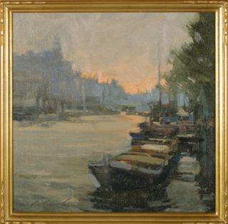 Michael Lynch Oil Painting Barge Dock