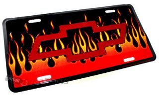 CHEVY FIRE FLAMES LICENSE PLATE ALUMINUM STAMPED METAL BOWTIE AUTO/CAR