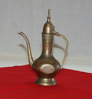Etched Brass Painted Turkish Style Ewer Pitcher with Hinged Lid 6.5